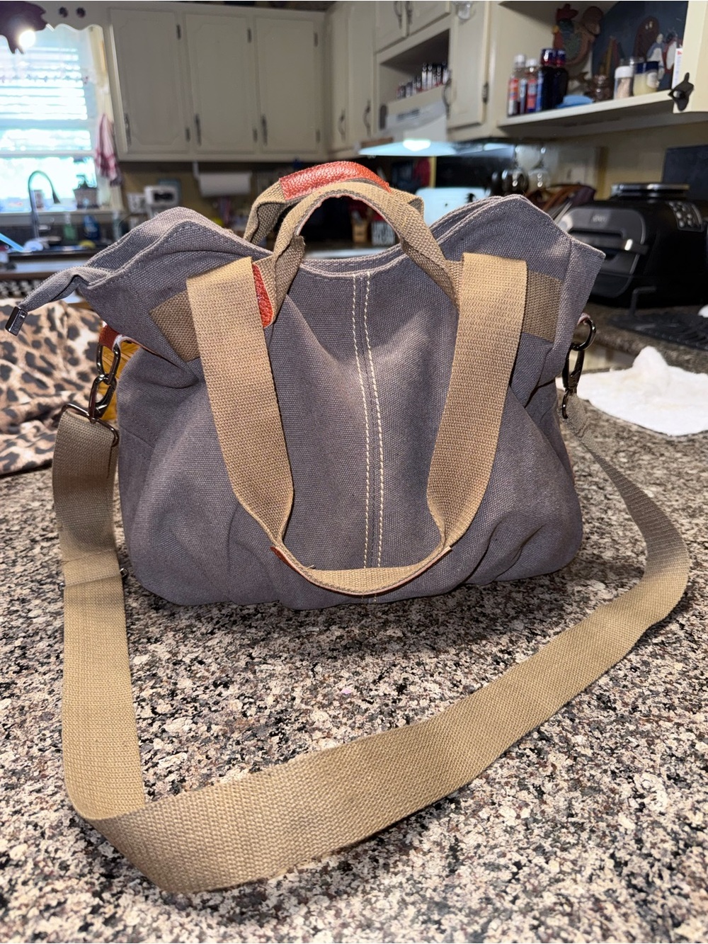 Casual Gray Canvas Satchel with Tan Strap
